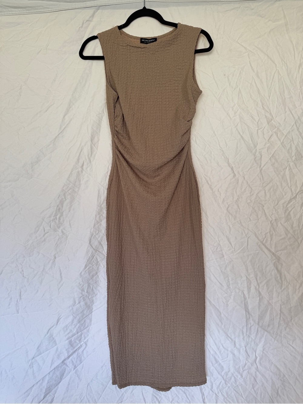 SEE YOU MONDAY Textured Ruched Midi Dress Tan Womens L NWT